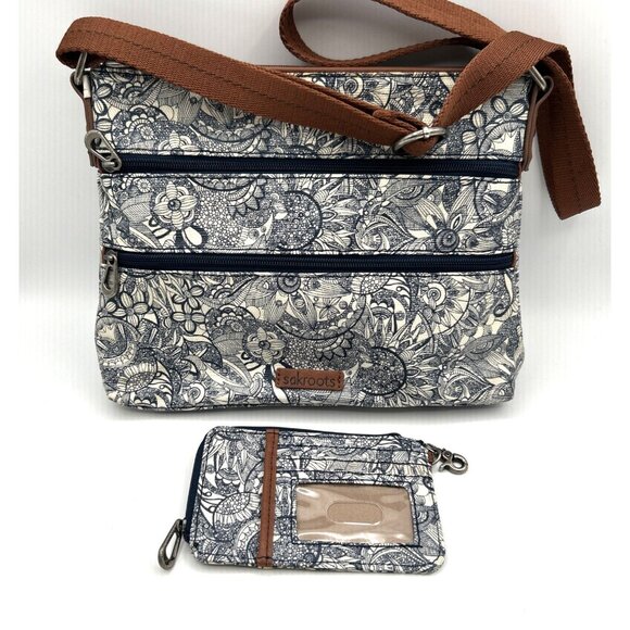 Sakroots Crossbody Bag with Matching ID‎ Case Floral Navy Canvas Boho Travel - Picture 1 of 11